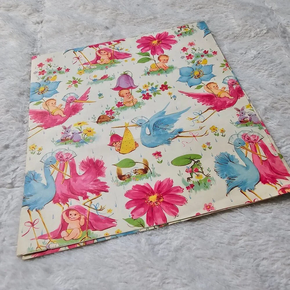 Vintage 1960s Norcross Gift Wrap Paper Baby Shower Stork Express Flowers MCM